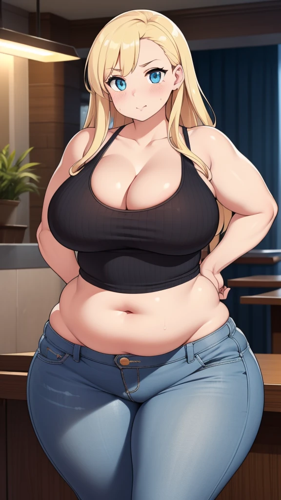 ((Masterpiece)), perfect anatomy, perfect shading, field of depth, (best quality), extremely delicate and beautiful, perfect lighting, detailed face, ultra cute face, cute, (1girl), (solo),
long fluffy blonde hair, blue eyes, ((blush)), embarressed, looking at viewer, tank top, jeans, cleavage, large breasts, ((thick thighs)), (wide hips), fat ass, chubby,
intricate background, detailed background, fast food restaurant, standing, arms behind back,