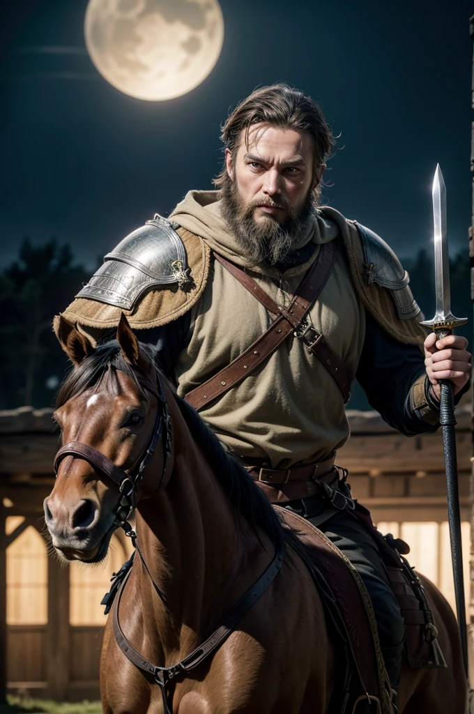 1 man from the medieval Germanic empire, best qualityer, fot, warrior, with beard, looking 45 years old, short-hair, your BROWN horse, Sword and shield, in the background a battle,    fild, night-time, with dead and bleeding people, night lighting, details Intricate, tone mapping, sharp focus, hyper detailled, trends on artstation, gazing at viewer, realisitic