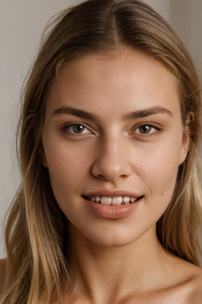 A photorealistic portrait of a young and beautiful 19-year-old woman with light blonde hair, long hair, and brown eyes, American. Epic realism, raw photo, (highly detailed skin:1.2), 8k, DSLR, soft lighting, high quality, film grain, Fujifilm XT3, ultra high resolution, photorealistic:1.4, uhd. The background is blurred to emphasize her face. Her facial features are meticulously detailed: her smooth and clear, slightly tanned skin, well-defined cheekbones, a perfectly shaped nose, a high and smooth forehead, long and thick eyelashes, well-groomed eyebrows, and soft, slightly parted lips. The lighting highlights the natural contours of her face, giving a lifelike and vibrant appearance. She exudes a captivating beauty, with a seductive and alluring expression, sticking her tongue out playfully and giving a fierce, tigress-like look. This dynamic pose makes her appear as a stunning and confident 19-year-old OnlyFans model, radiating sexiness and charisma. She looks very young and shows a full set of beautifully crafted, perfectly aligned teeth, not just the front two, emphasizing her radiant smile and enhancing her overall attractiveness.
