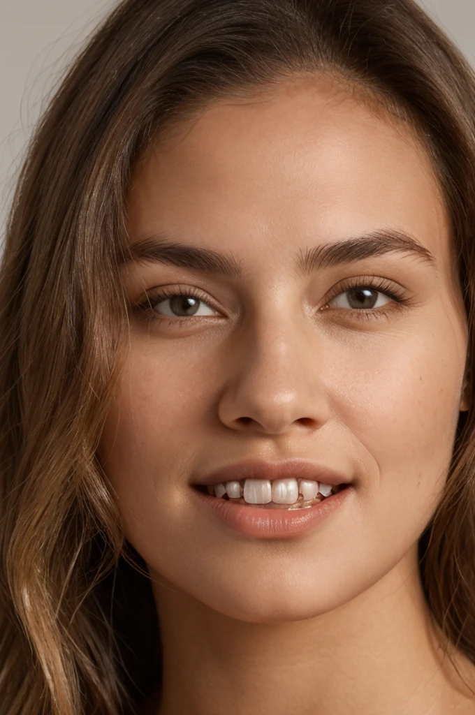 A photorealistic portrait of a young and beautiful 19-year-old woman with light blonde hair, long hair, and brown eyes, American. Epic realism, raw photo, (highly detailed skin:1.2), 8k, DSLR, soft lighting, high quality, film grain, Fujifilm XT3, ultra high resolution, photorealistic:1.4, uhd. The background is blurred to emphasize her face. Her facial features are meticulously detailed: her smooth and clear, slightly tanned skin, well-defined cheekbones, a perfectly shaped nose, a high and smooth forehead, long and thick eyelashes, well-groomed eyebrows, and soft, slightly parted lips. The lighting highlights the natural contours of her face, giving a lifelike and vibrant appearance. She exudes a captivating beauty, with a seductive and alluring expression, sticking her tongue out playfully and giving a fierce, tigress-like look. This dynamic pose makes her appear as a stunning and confident 19-year-old OnlyFans model, radiating sexiness and charisma. She looks very young and shows a full set of beautifully crafted, perfectly aligned teeth, not just the front two, emphasizing her radiant smile and enhancing her overall attractiveness.
