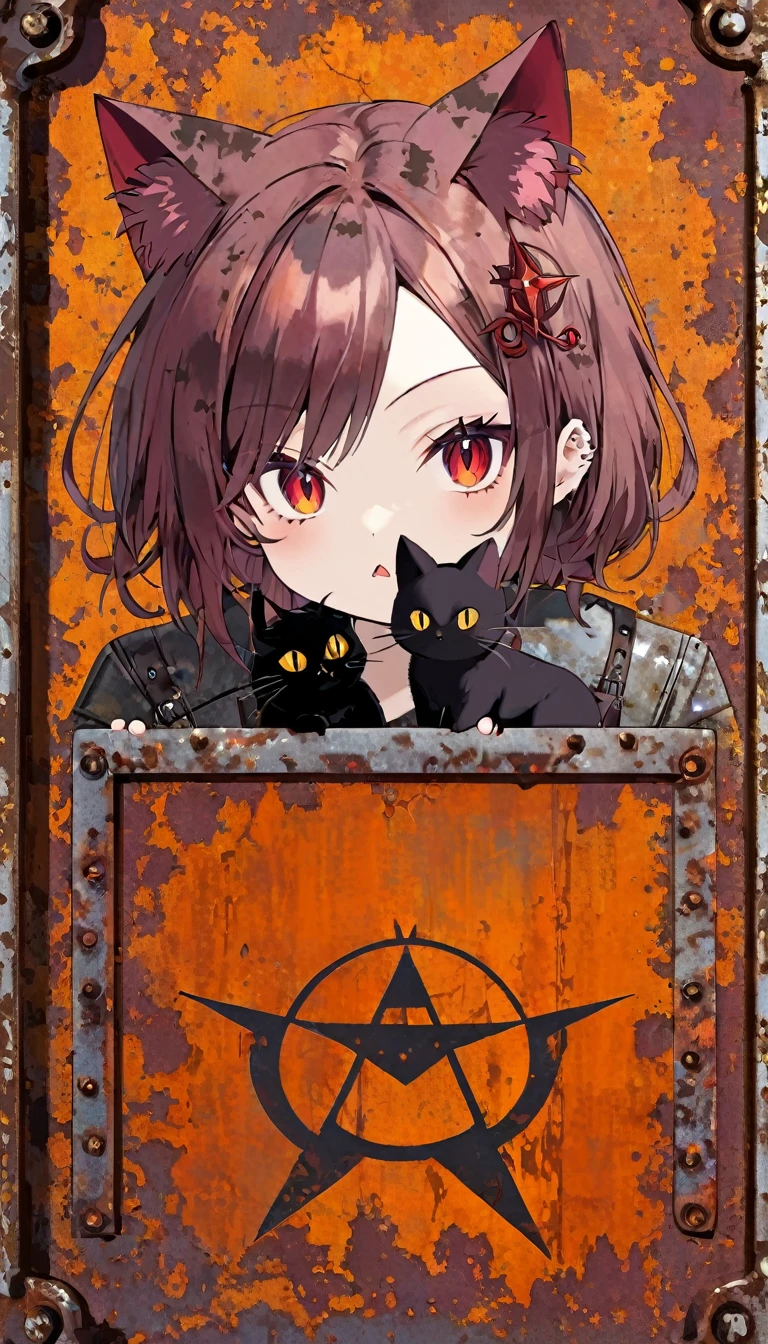 decorative metal sheet, rusty, satanic communist cat
