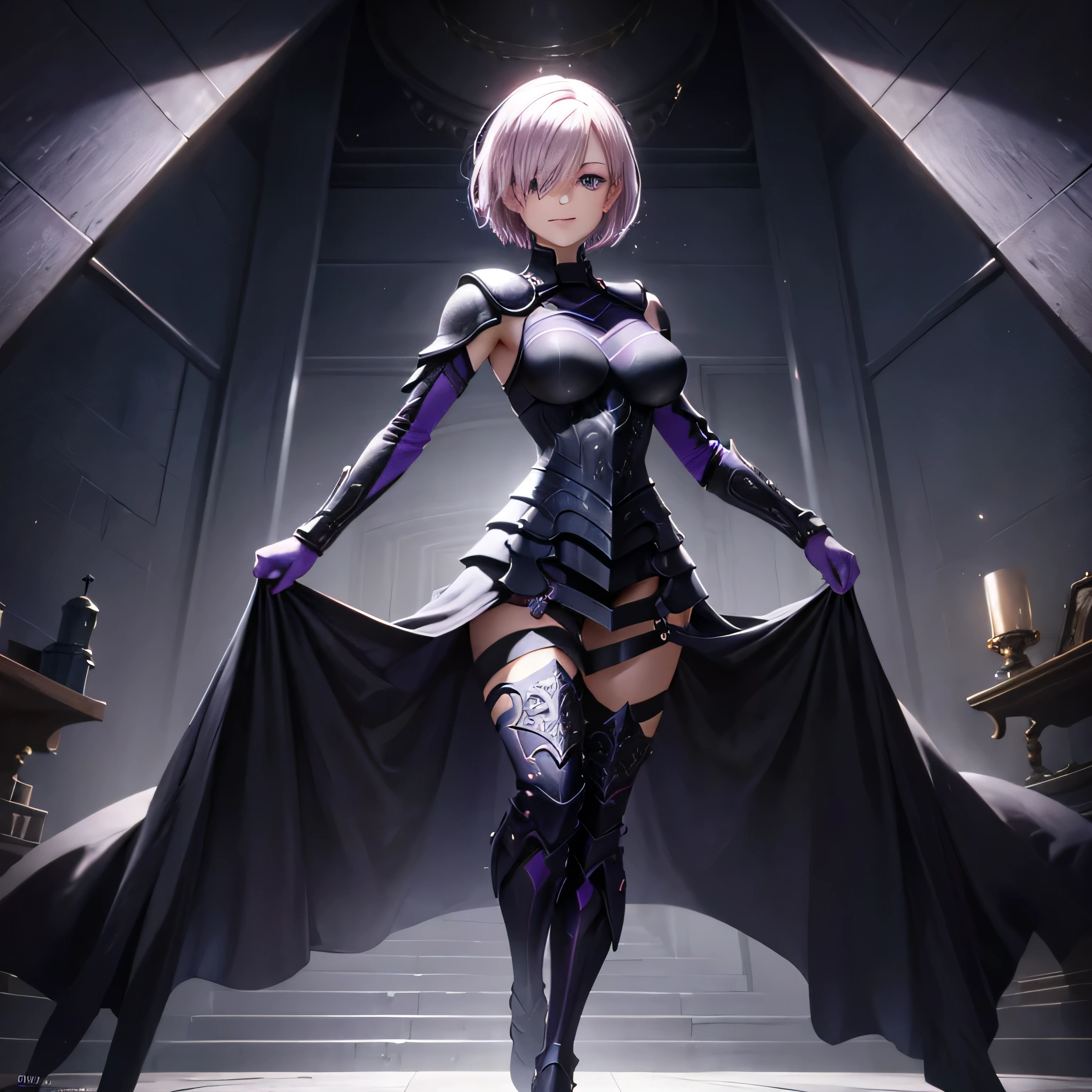 full body, masterpiece, best quality, 1girl, (detailistic), dark armor, dark cross shield, mash kyrielight, light purple hair, short hair, hair over one eye, smile, slim body, detailed eyes, ultra-detailed, hyper-realistic, 8k, cinematic lighting, dramatic lighting, dramatic atmosphere, intricate details, exquisite details, flawless skin, beautiful face, elegant pose, powerful presence, captivating expression, vibrant colors, stunning contrast