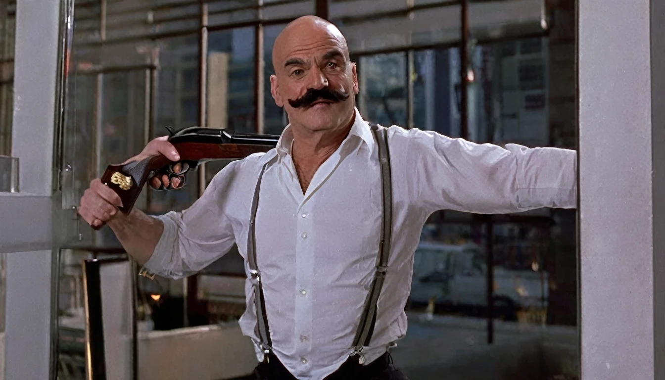 A 50-year-old French man, he is bald on the top of his head, but has (((short hair on the side of his head that he combines with his beard and black mustaches))), (((a thin face and a large chin and very thick eyebrows))). He has a very strong body. He is wearing a long-sleeved white dress shirt and a red bow tie, and light blue dress pants., In a fighting stance, holding a shotgun, he is near a glass window on a very high floor., Front view, Ultra Realistic Style, 10k