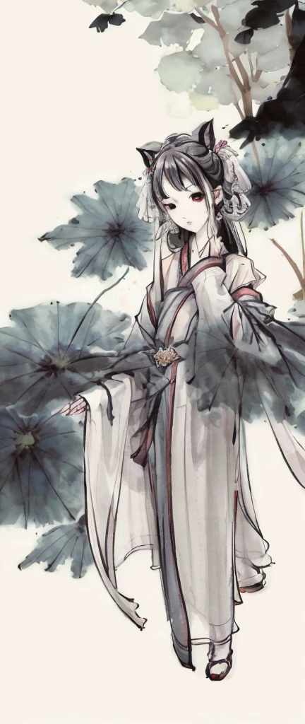 ((4k,masterpiece,best quality)), shuimobysim, traditional chinese ink painting, lotus, hanfu, maxiskit, dress conservatively
1 boy, solo, white hair, fox ears, white, fish, many fish near boy, look at viewer, tease,onee-shota,