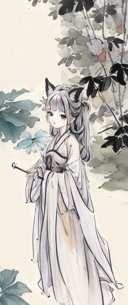 ((4k,masterpiece,best quality)), shuimobysim, traditional chinese ink painting, lotus,  hanfu, maxiskit, dress conservatively
1 boy, solo, white hair, fox ears, white,  fish, many fish near boy, look at viewer, tease,onee-shota,
