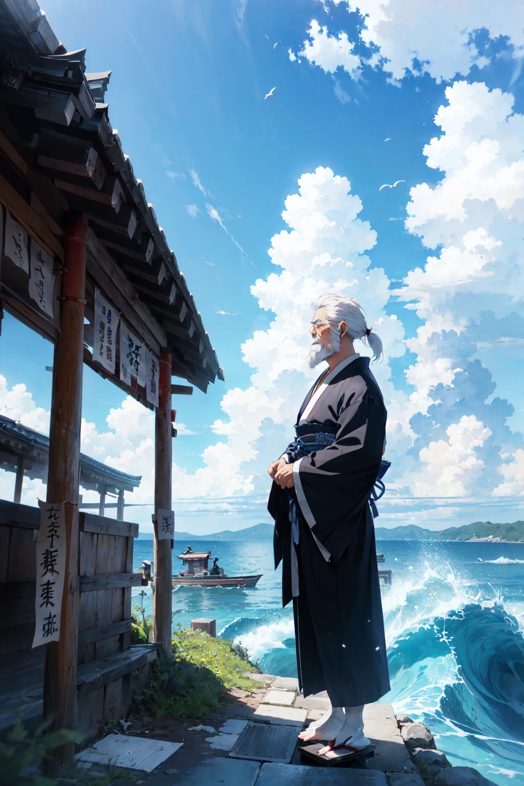 blue ocean, (Japanese old vagabond, white beard, white hair, old Japanese cloth:1.4), closed eyes, standing on sea, full body, panorama view, magnificent view, absurdres, 8k, white detailed clouds, wave
