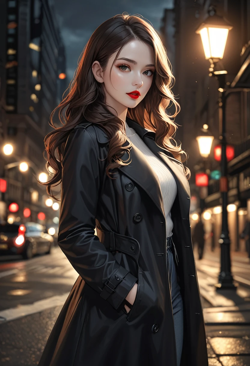 (Black & White Realistic Hand Drawing: 1.1), masterpiece, best quality, highres, high details, 4K, model_shot,1girl, solo, Red lips,long hair, Wavy curly brunette hair, pale skin,(Black trench coat), Depth of Field, (Street Lights), Fantastic lights