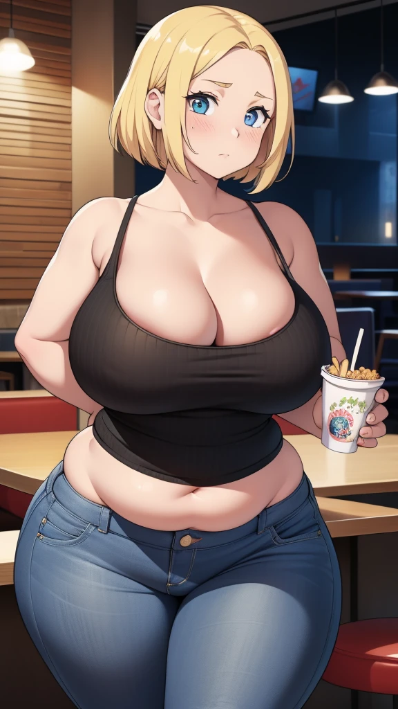 ((Masterpiece)), perfect anatomy, perfect shading, field of depth, (best quality), extremely delicate and beautiful, perfect lighting, detailed face, ultra cute face, cute, (1girl), (solo),
short fluffy blonde hair, blue eyes, ((blush)), nervous, looking at viewer, tank top, jeans, cleavage, large breasts, ((thick thighs)), (wide hips), fat ass, chubby,
intricate background, detailed background, fast food restaurant, standing,