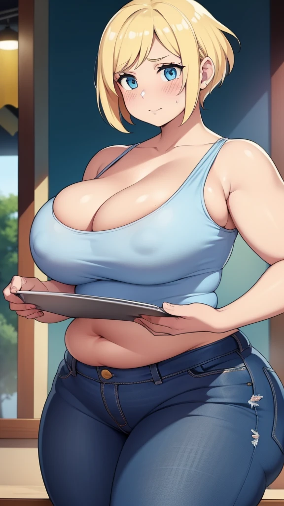 ((Masterpiece)), perfect anatomy, perfect shading, field of depth, (best quality), extremely delicate and beautiful, perfect lighting, detailed face, ultra cute face, cute, (1girl), (solo),

short fluffy blonde hair, blue eyes, ((blush)), nervous, looking at viewer, tank top, jeans, cleavage, large breasts, ((thick thighs)), (wide hips), fat ass, chubby, 

intricate background, detailed background, fast food restaurant, standing, 
