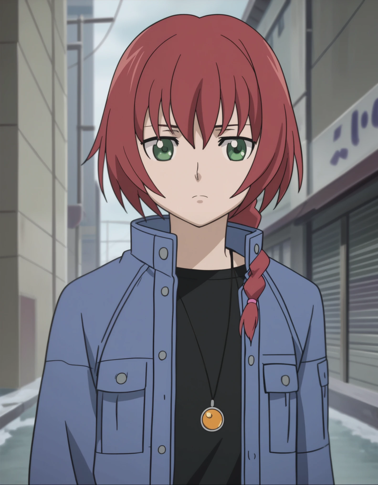 score_9, score_8_up, score_7_up, score_6_up, score_5_up, score_4_up, source anime, anime screencap, anime coloring,
suou, 1girl, solo, red hair, green eyes, jewelry, anime coloring, necklace,
long hair, braid, single braid, jacket, blue jacket, pendant, upper body, bored,
outdoor, looking at viewer,