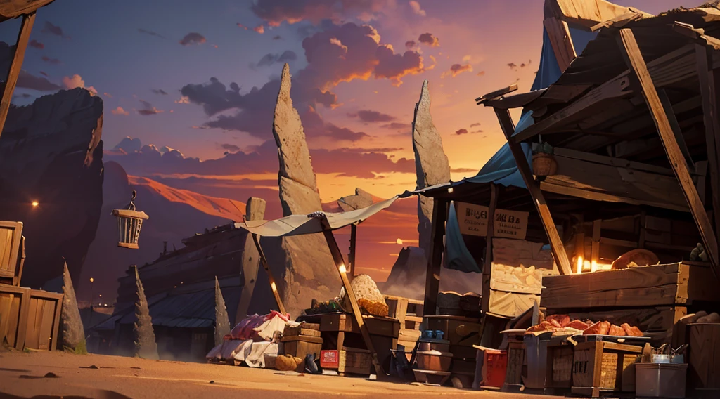 traditional market, butchery, (they sell meats on the table and display case, skull), ((market stalls, market tents)), wooden boxes, wooden basket, wire, ((giant sharp rocks)), sand ground, (dawn time, daybreak sky, dark morning), low angle,