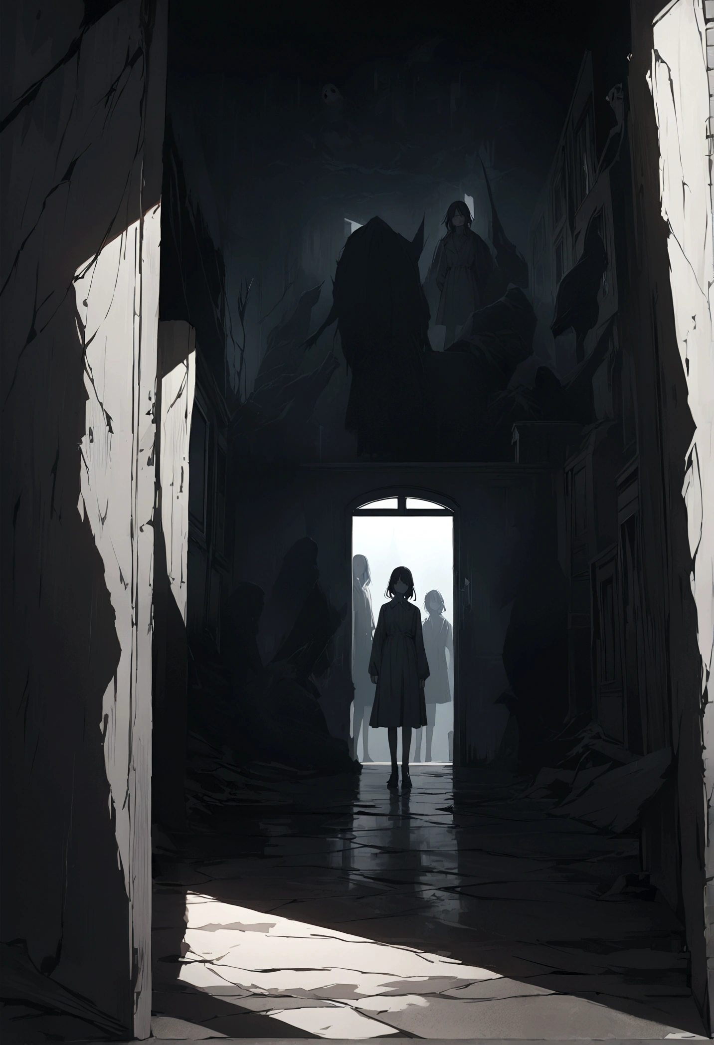 a group of friends approaching a mansion, unsettling silence,absent birds, fearful wind, dark and ominous atmosphere, highly detailed, photorealistic, cinematic lighting, dramatic shadows, moody colors, gloomy, tense, horror, suspense, 8k, highres, masterpiece