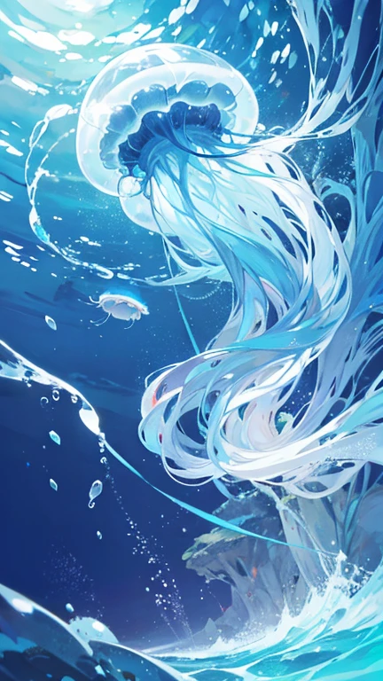 deep sea,A small jellyfish,A thin light shines in,Jellyfish illuminated by light,The jellyfish is dead at the bottom of the ocean,Sand,Deep Sea