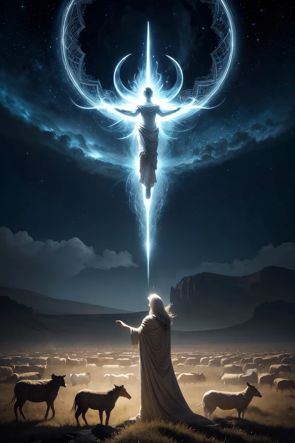 Draw a dreamlike and symbolic scene. Show Enoch in a vision, surrounded by symbolic animals like bulls, sheep and wolves. The landscape must be ethereal and hazy, with elements that represent the new heaven and the new earth, conveying a feeling of prophecy and mystery.