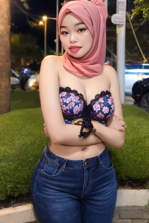 ((thick lips:1.9)), Lace, (Happy smile), (((HIJAB MALAY GIRL))), masutepiece, High quality, UHD 32K, Realistic face, Realistic skin feeling , A Japanese Lady, 8 years old, , Very cute and baby-like face, (((FLAT CHEST))), (Night time at forest), ((look In front  at the camera and SADNESS)), (((FLUORESCENCE))), (((CUTE GIRL))), ((RED & YELLOW LIPS)), ((Floral Pattern)) little wearing strapless bra, strapless colorful bra, dark night horror scary place (from behind up) seductive pose