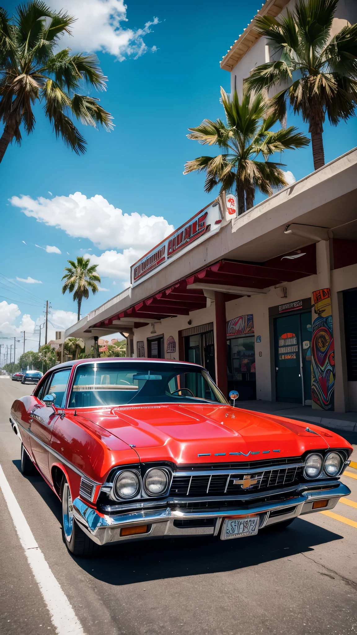 A photorealistic image of a lowrider car bouncing on a sun-drenched boulevard. Palm trees sway in the breeze. The car is a classic Chevy Impala with candy apple red paint and Chicano murals depicting fantastical creatures and Aztec warriors. Chrome gleams everywhere. Hydraulics lift the front end high, showcasing intricate wire wheels. The car dips low, almost scraping the ground. Fuzzy dice dangle from the rearview mirror, and a subwoofer thumps in the trunk. The scene pulsates with vibrant Latino culture. Additional details: 8k resolution Octane render Focus on the chrome details and the movement of the car