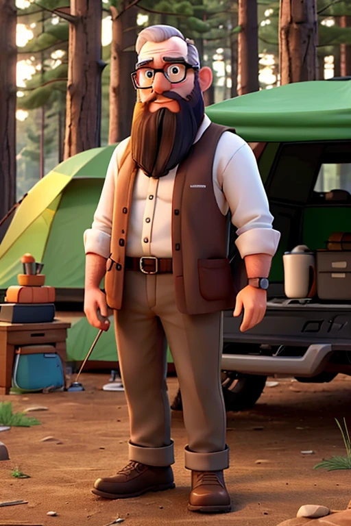 help me create an image of a bearded, bald white man with glasses standing next to the camping tent with a mug of coffee in his hand looking at the campfire in the middle of the forest