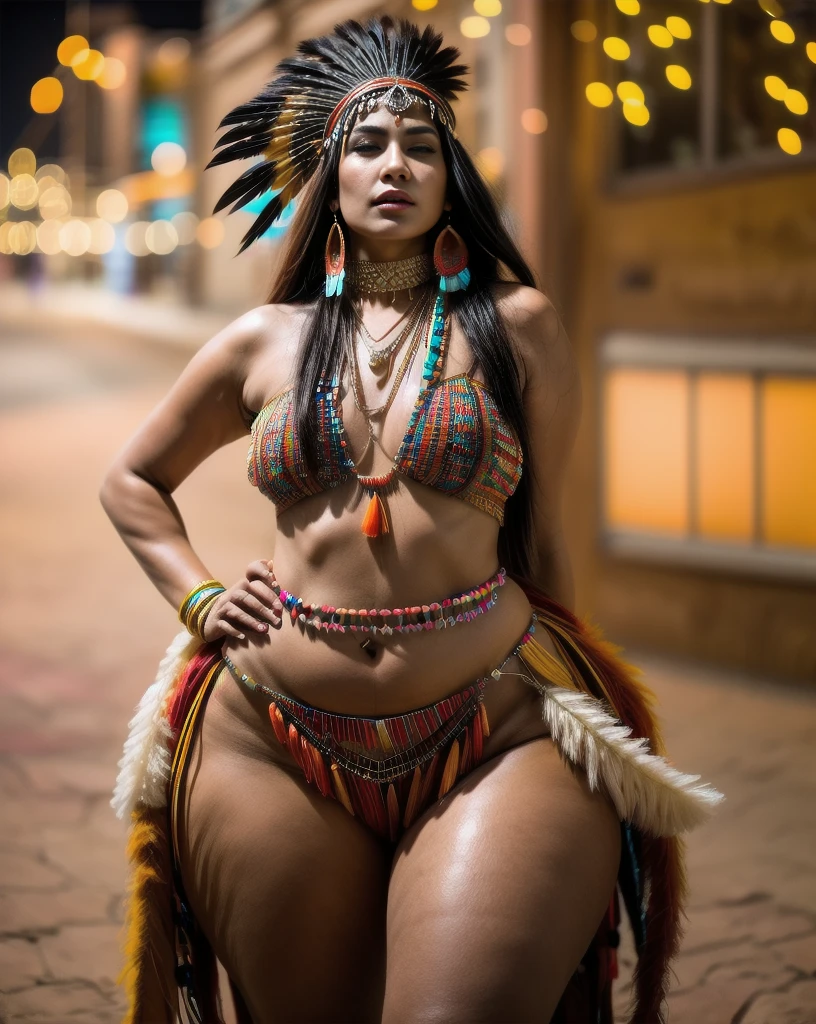 Beautiful Cherokee Indian woman with beautiful terracotta colored headdresses, blackw, doradas, cobre, Pearl, white and beige, feathers made of bright neon of various colors, flares on camera, bokeh, full moon night

