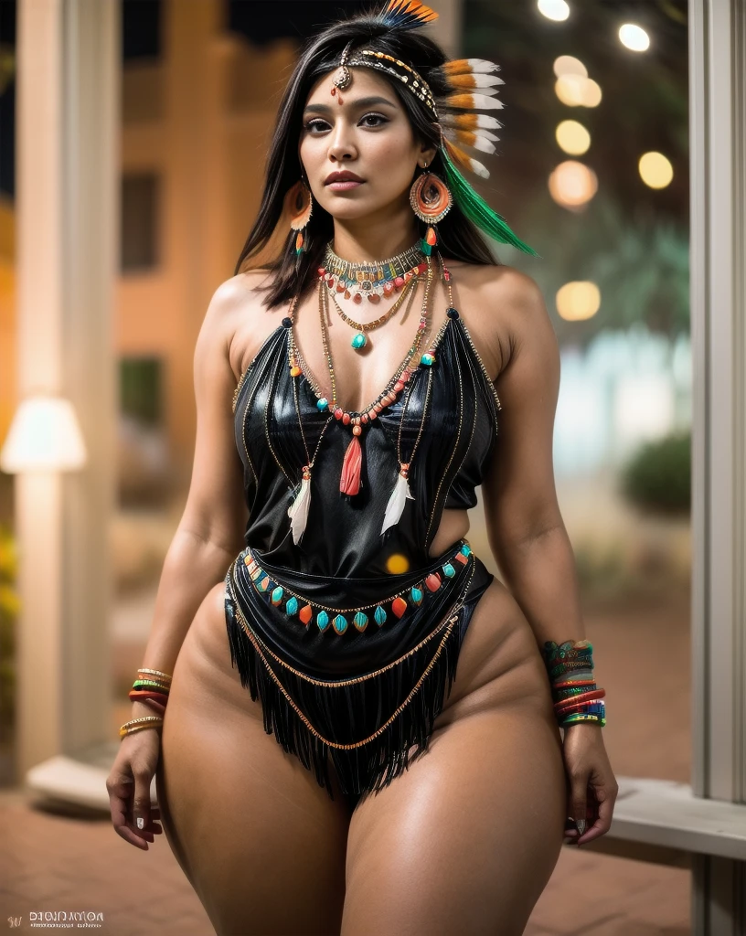 Beautiful Cherokee Indian woman with beautiful terracotta colored headdresses, blackw, doradas, cobre, Pearl, white and beige, feathers made of bright neon of various colors, flares on camera, bokeh, full moon night
