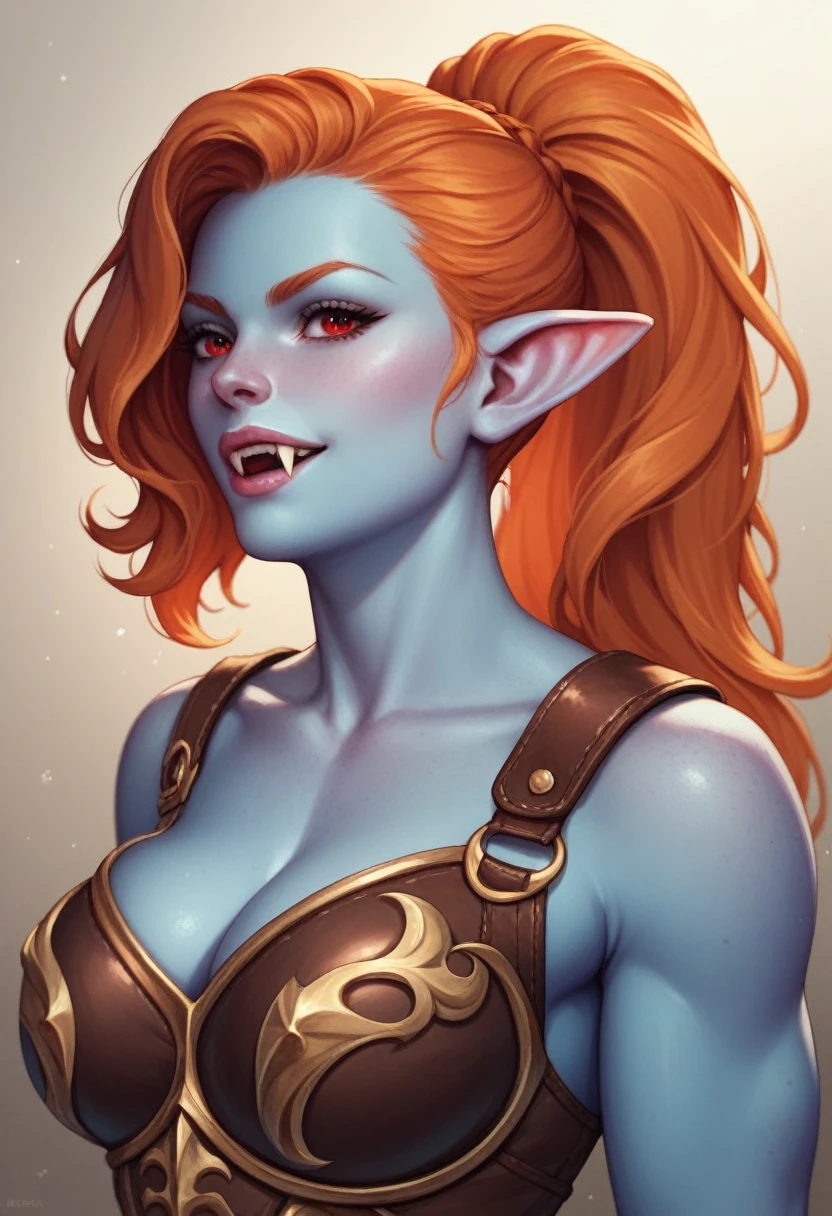A adult woman, azure-blue skin, pixie-sharp ears, and a large body athletic build. Prominent large fangs and piercing red eyes complete her striking appearance. Her long ginger hair is pulled back in a ponytail. She is dressed in the closed strong leather armor of a medieval fantasy adventurer with no exposed body parts and many bags and knife scabbards.