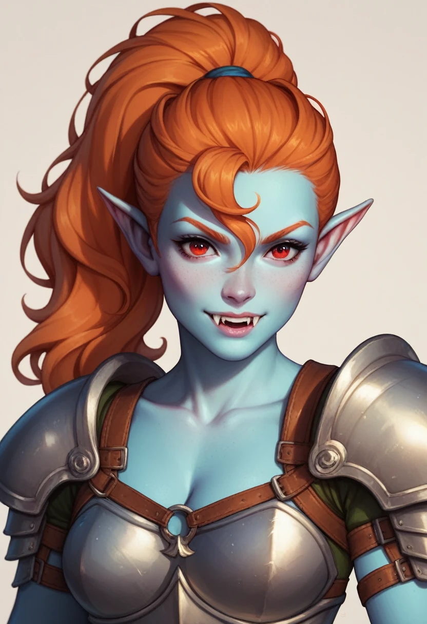 A adult woman, azure-blue skin, pixie-sharp ears, and a large body athletic build. Prominent large fangs and piercing red eyes complete her striking appearance. Her long ginger hair is pulled back in a ponytail. She is dressed in the closed strong leather armor of a medieval fantasy adventurer with no exposed body parts and many bags and knife scabbards.