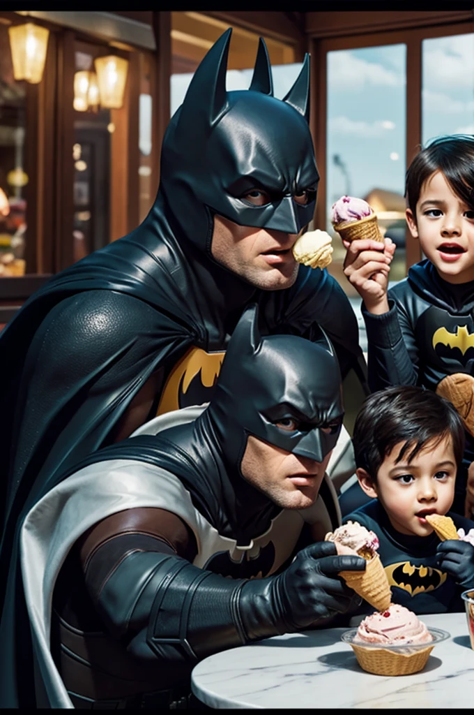 Batman eating his favorite ice cream with the 5 robins