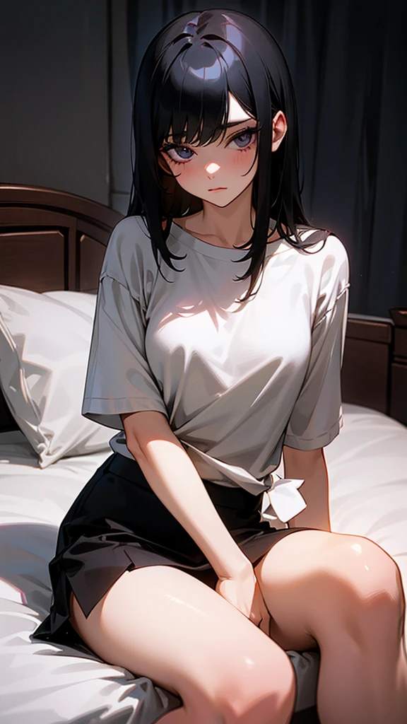 A girl with straight black hair is wearing a loose black shirt that falls under her shoulders and a short black skirt. She is wearing dark eye makeup. She is sitting on her bed listening to music. 