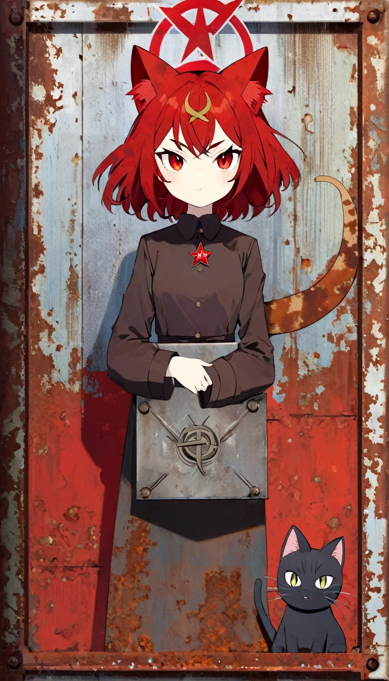 decorative metal sheet, rusty, communist cat, satanic cat
