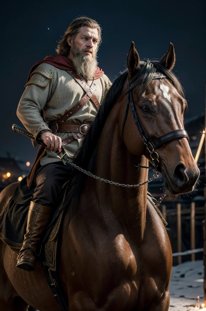 1 man from the medieval Germanic empire, best qualityer, fot, warrior, with beard, looking 45 years old, short-hair, your BLACK horse, Sword and shield, in the background a battle, fild, night-time, with dead and bleeding people, night lighting, details Intricate, tone mapping, sharp focus, hyper detailled, trends on artstation, gazing at viewer, realisitic