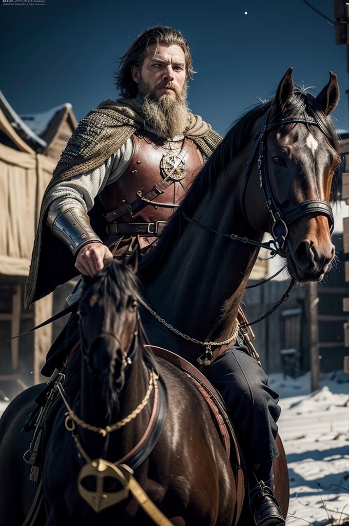 1 man from the medieval Germanic empire, best qualityer, fot, warrior, with beard, looking 45 years old, short-hair, your BLACK horse, Sword and shield, in the background a battle, fild, night-time, with dead and bleeding people, night lighting, details Intricate, tone mapping, sharp focus, hyper detailled, trends on artstation, gazing at viewer, realisitic
