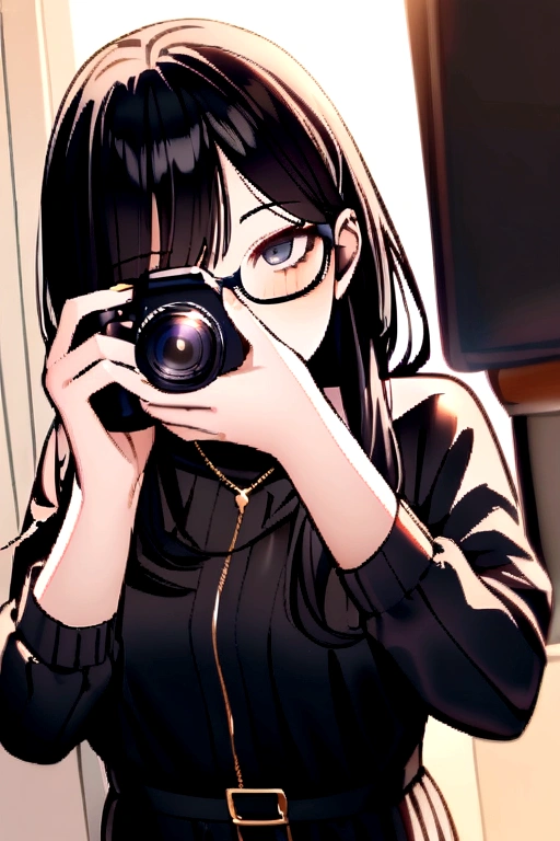 ((photographer )), ((holding camera)), (Bblack hair), 1 girl, black uniform, Bblack hair, black shoe, body tattoo, Eyeglasses, dark eye color, working at a party
