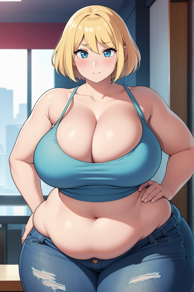 ((Masterpiece)), perfect anatomy, perfect shading, field of depth, (best quality), extremely delicate and beautiful, perfect lighting, detailed face, ultra cute face, cute, (1girl), (solo),

short fluffy blonde hair, blue eyes, ((blush)), nervous, looking at viewer, tank top, jeans, cleavage, large breasts, ((thick thighs)), (wide hips), fat ass, chubby, 

intricate background, detailed background, fast food restaurant, standing, 
