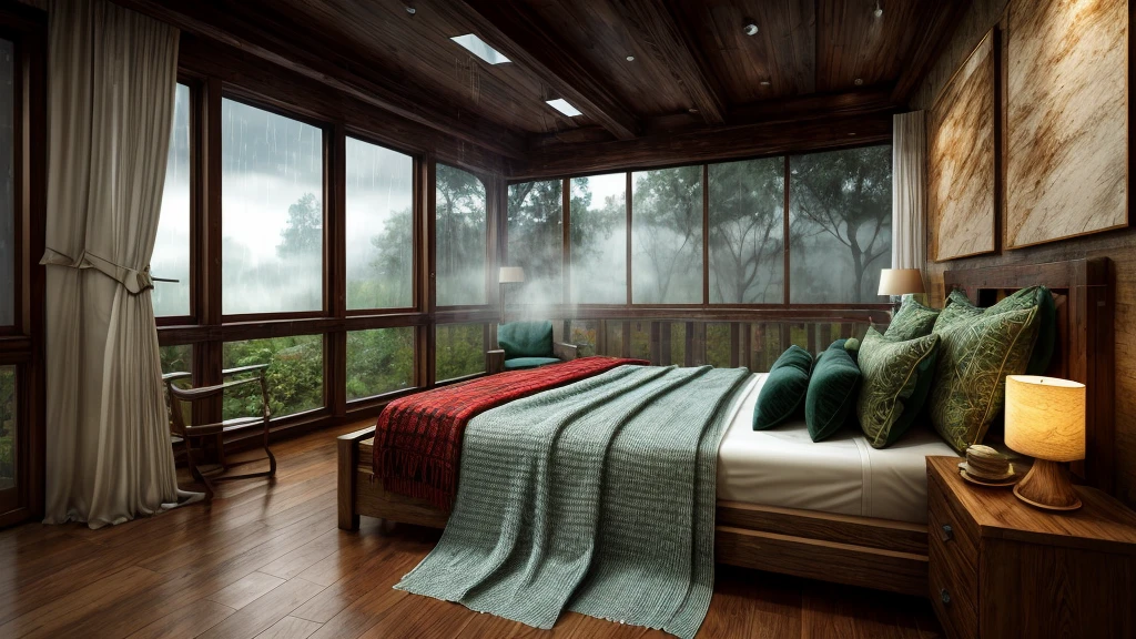 Amid the peaceful surroundings of an old room, a thick woolen blanket covers the old-fashioned bed, its textured fibers exude a feeling of warmth and comfort. On the bedside table, nestled among the weathered wood, a steaming cup of coffee rests, its rich aroma permeating the air with an inviting allure. Beyond the glass window, the heavens release a symphony of raindrops, each hitting the panel with a rhythmic drumming, allowing the gross elements of the outside world to penetrate.

This 3D image comes to life with hyper-realistic details, the intricacies of each object captured in