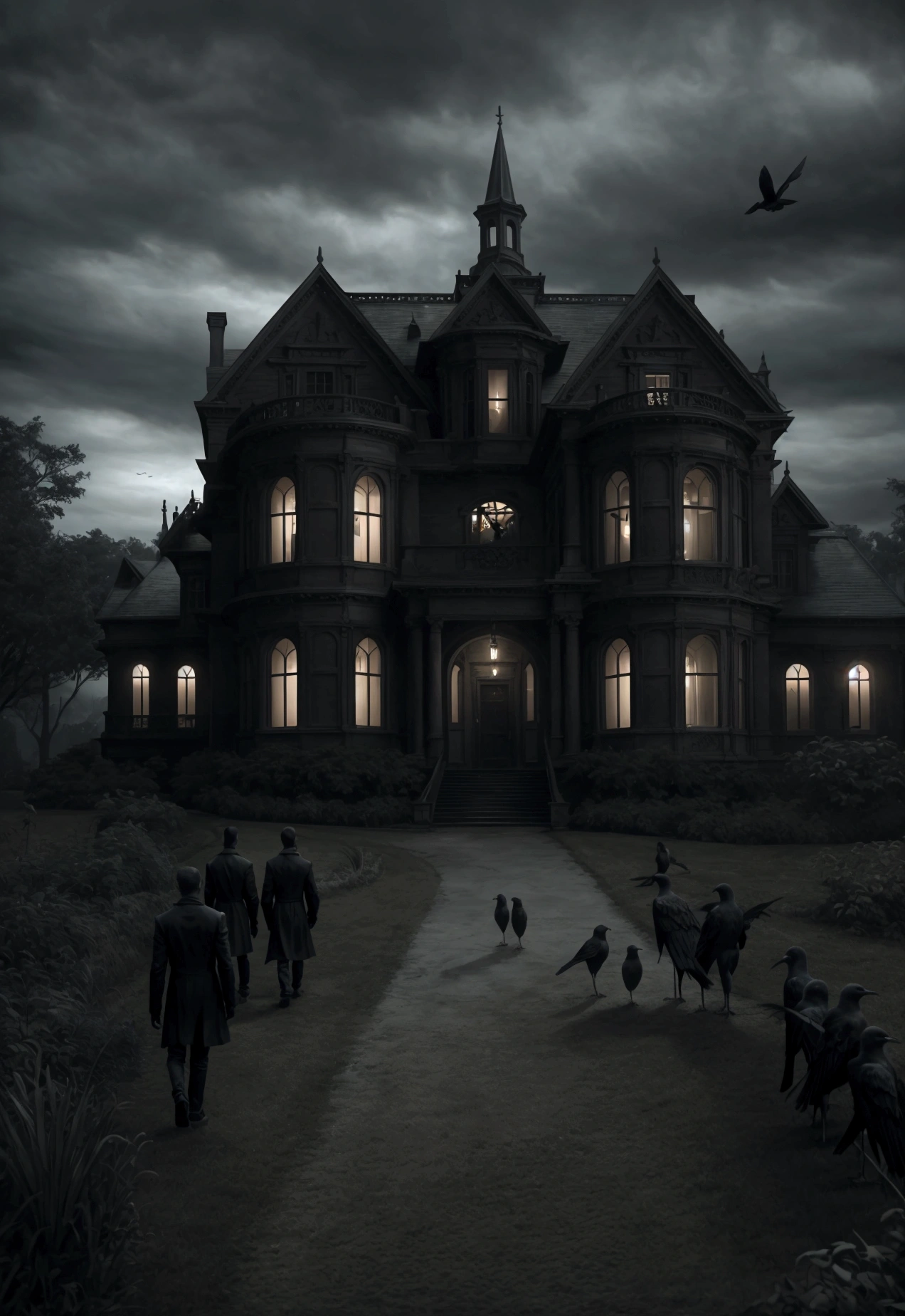 a group of friends approaching an unsettling mansion, birds absent, ominous wind, dark moody atmosphere, cinematic lighting, highly detailed, dramatic composition, realistic, photorealistic, masterpiece, 8k