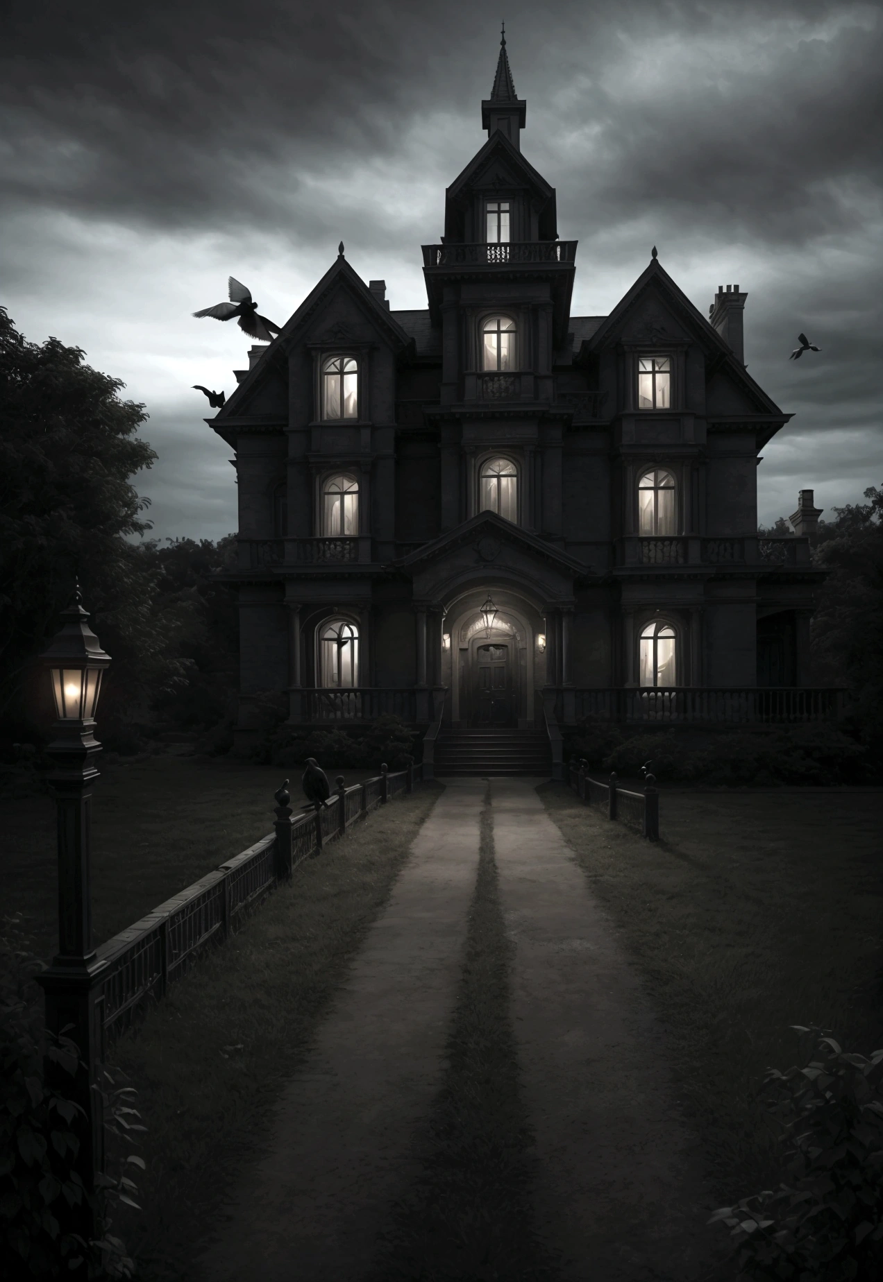 a group of friends approaching an unsettling mansion, birds absent, ominous wind, dark moody atmosphere, cinematic lighting, highly detailed, dramatic composition, realistic, photorealistic, masterpiece, 8k