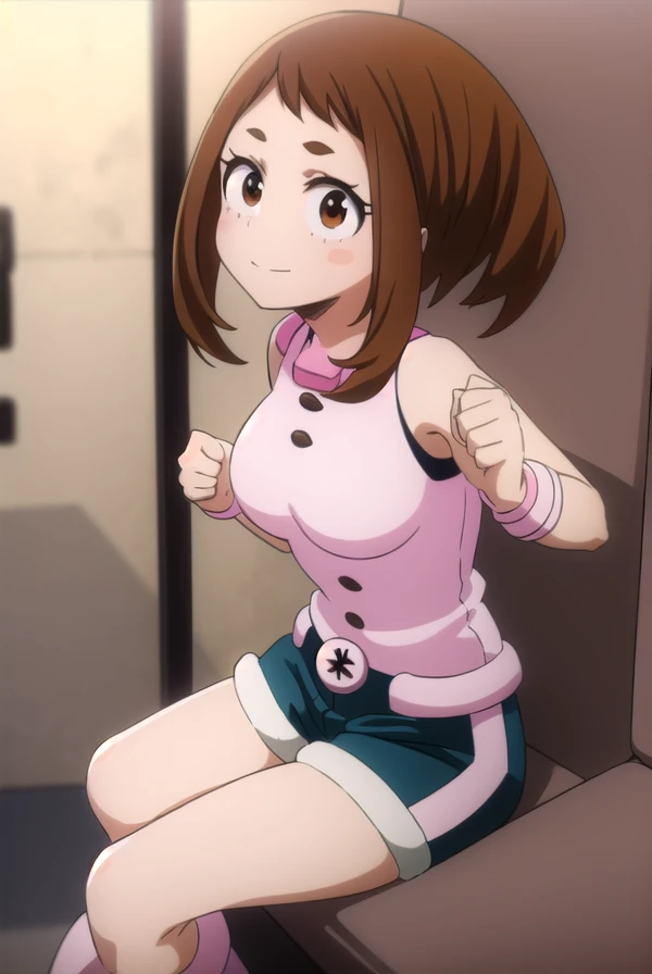 ochakouraraka, ochako uraraka, (uraraka ochako:1.5), (brown eyes:1.5), brown hair, short hair, blush, blush stickers, smile,
BREAK bare shoulders, blue shorts,white shirts ,pink pink boots,black socks,
BREAK outdoors, city,
BREAK looking at viewer,
BREAK (masterpiece:1.2), best quality, high resolution, unity 8k wallpaper, (illustration:0.8), (beautiful detailed eyes:1.6), extremely detailed face, perfect lighting, extremely detailed CG, (perfect hands, perfect anatomy),sitting down on chair,medium breast,