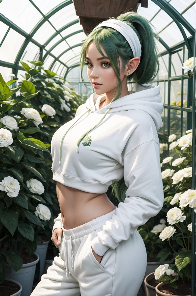 30 year old woman from Saturn, elf ears, thick athletic body, beautiful, cute, green ponytail hair with flower headband, in greenhouse, wearing baggy white hoodie and white sweatpants