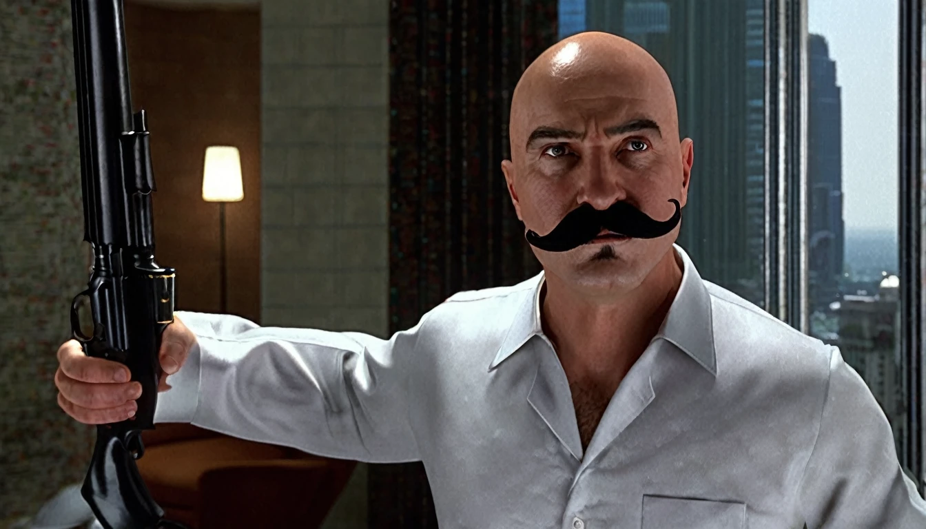A 50-year-old French man, he is bald on the top of his head, but has (((short hair on the side of his head that he combines with his beard and black mustaches))), (((a thin face and a large chin and very thick eyebrows))). He has a very strong body. He is wearing a long-sleeved white dress shirt and a red bow tie, and light blue dress pants., In a fighting stance holding a shotgun he is near a glass window on a very high floor in a very luxurious apartment, Front view, Ultra Realistic Style, 10k