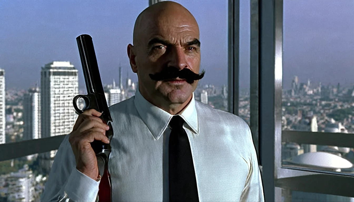 A 50-year-old French man, he is bald on the top of his head, but has (((short hair on the side of his head that he combines with his beard and black mustaches))), (((a thin face and a large chin and very thick eyebrows))). He has a very strong body. He is wearing a long-sleeved white dress shirt and a red bow tie, and light blue dress pants., In a fighting stance holding a shotgun he is near a glass window on a very high floor in a very luxurious apartment, Front view, Ultra Realistic Style, 10k