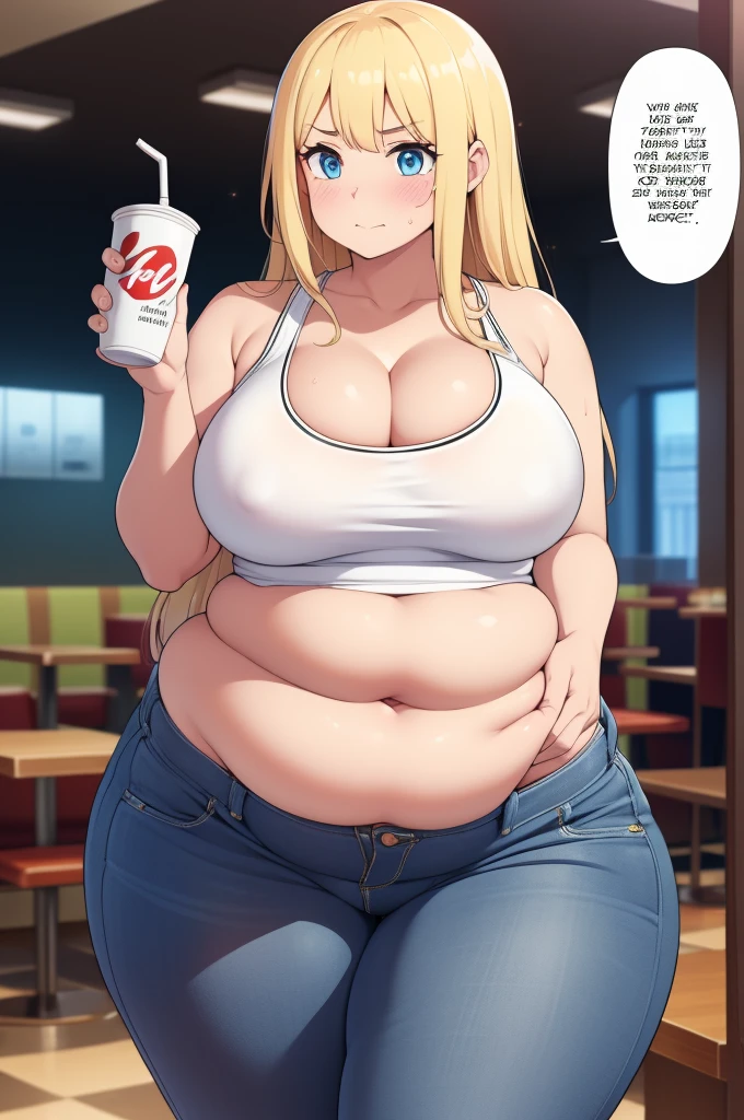 ((Masterpiece)), perfect anatomy, perfect shading, field of depth, (best quality), extremely delicate and beautiful, perfect lighting, detailed face, ultra cute face, cute, (1girl), (solo),
long fluffy blonde hair, blue eyes, ((blush)), embarressed, looking at viewer, tank top, jeans, cleavage, large breasts, ((thick thighs)), (wide hips), fat ass, chubby,
intricate background, detailed background, fast food restaurant, standing, holding soda,