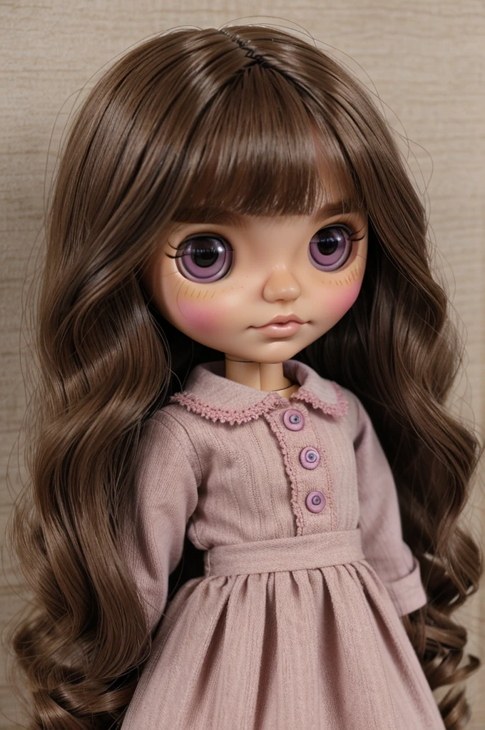 Blythe doll: brown and wavy hair, small eyes, arched eyebrows, wheat skin, Violet outline, pink blush, black clothes