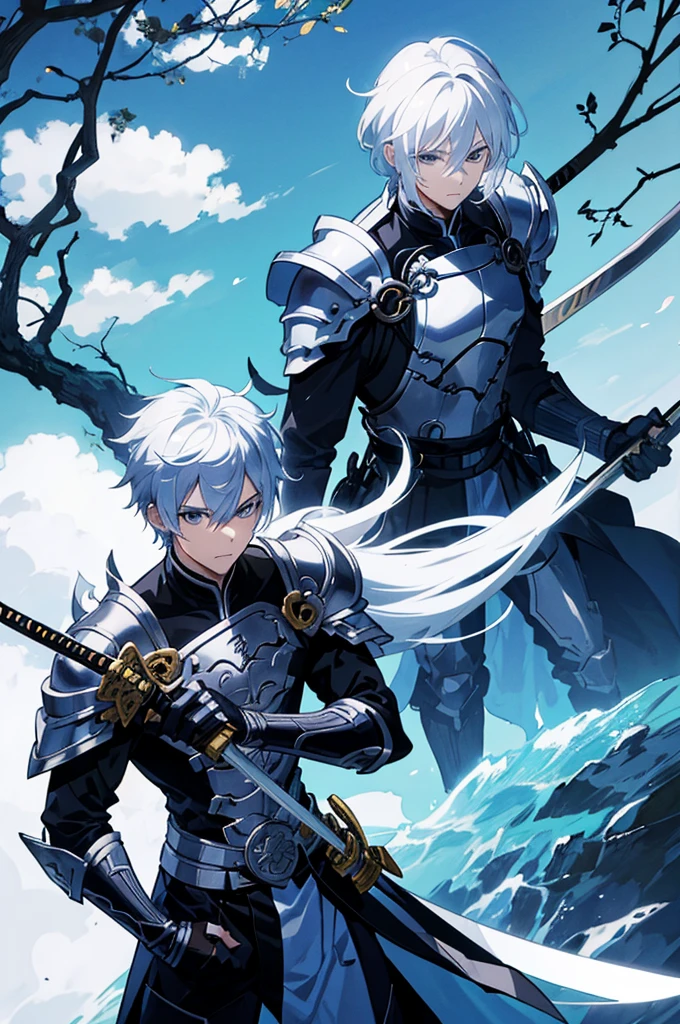 A 25 years old anime man with white hair, holding a Katana, Wearing a Blue and Black armor , Standing close to a tree