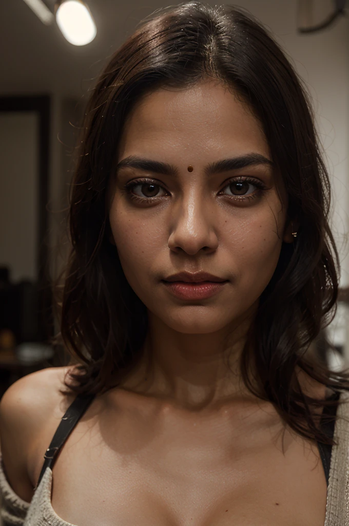 1 girl, shoulder to shoulder sweater, Portrait of a sexy looking Indian woman with long flowing hair, hazel eyes, with fluttering covers, perfect composition, hyper realist, super verbose, 8K, high qualiy, trending art, trends on artstation, sharp focus, studio photo, details Intricate, highy detailed, art by greg rutkowski, without jewelry, sketch, front camera, looking into the lens, focusing on the lens