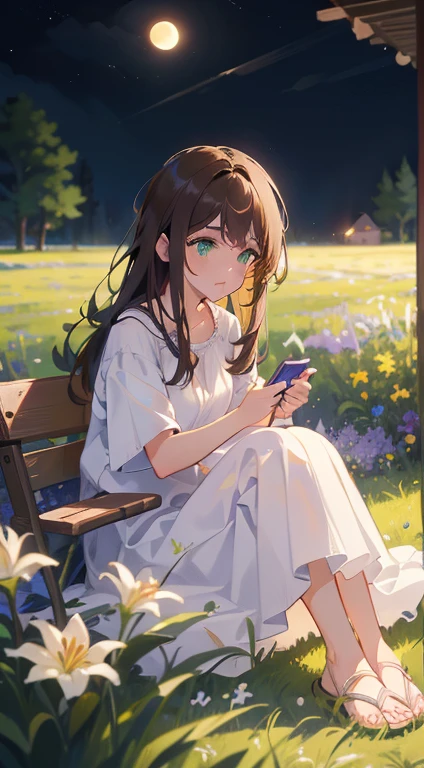 (masterpiece), (best quality), ultra high res, sharp focus, warm pastel tone, ((1 woman, solo)), full body, beautiful detailed hair, chestnut brown hair, long hair tumbles down, beautiful detailed face, green eyes, comfortable face, perfect feminine face, look away, (look at the beautiful night:1.2), in the meadow of lily flowers, sitting on the ground