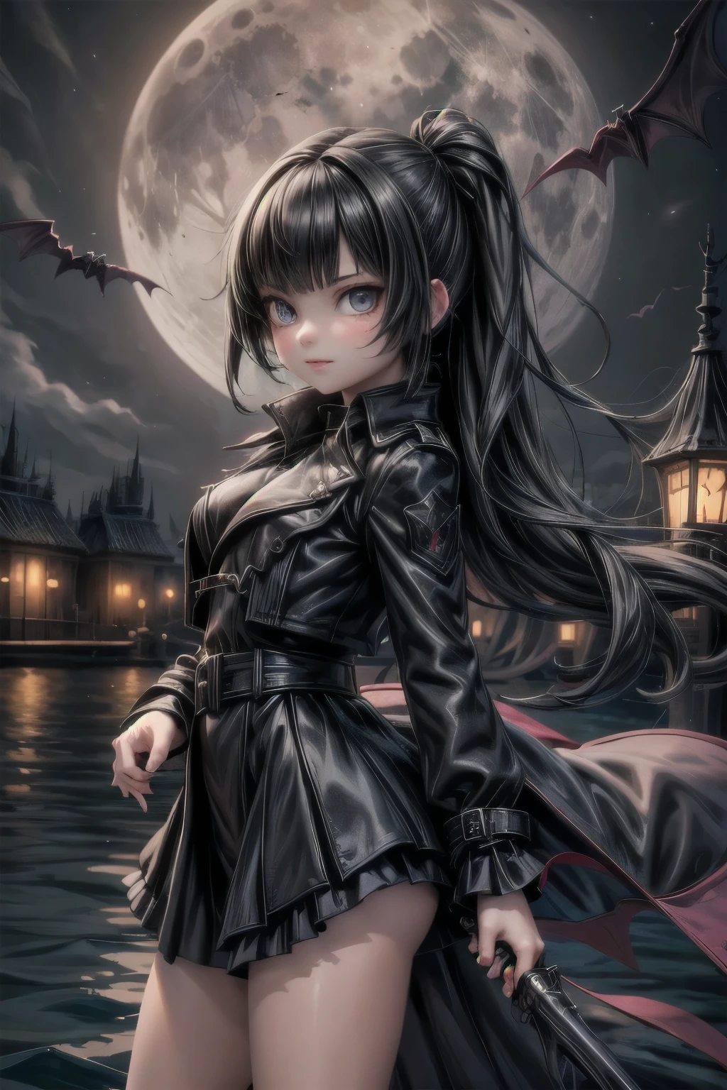 a vampire hunter girl wearing a Black Trench Coat and skirt, riding a boat, dark dock at night, castlevania art style, moon, lanterns and candles floating on the water