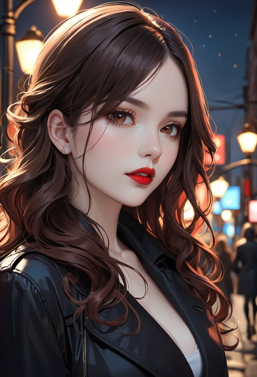 masterpiece, best quality, highres, high details, 4K, model_shot,1girl, solo, Red lips,long hair, Wavy curly brunette hair, pale skin,(Black trench coat), Depth of Field, (Street Lights), Fantastic lights