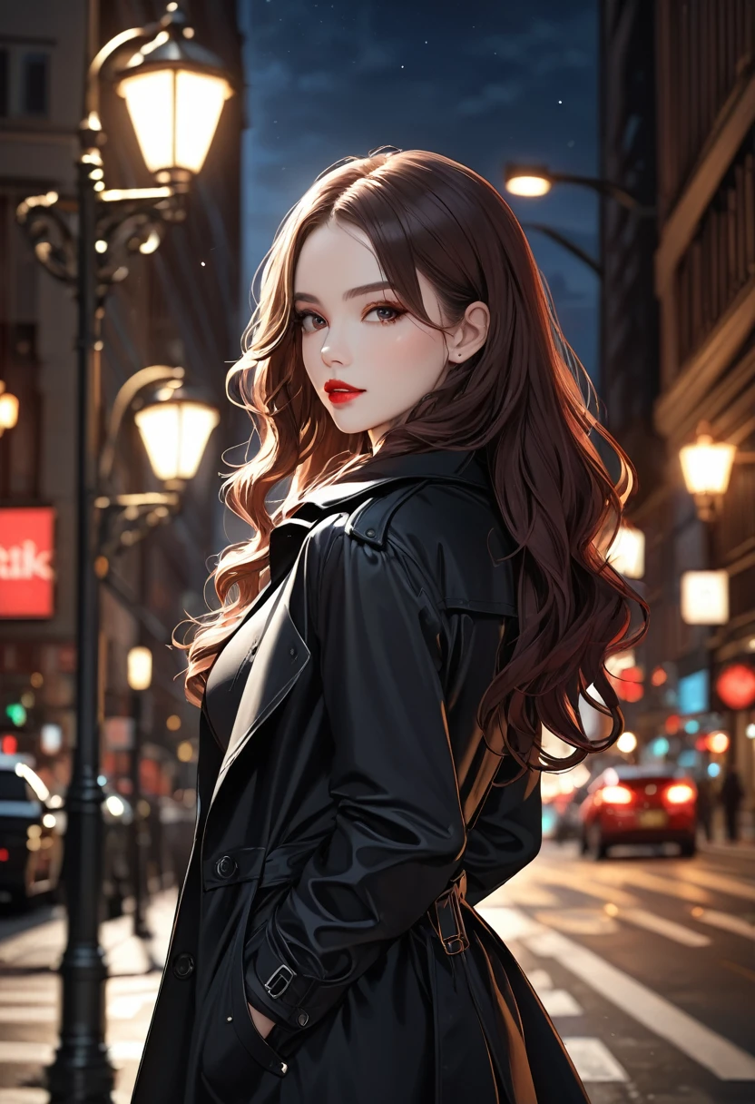 masterpiece, best quality, highres, high details, 4K, model_shot,1girl, solo, Red lips,long hair, Wavy curly brunette hair, pale skin,（Black trench coat）, Depth of Field, (Street Lights), Fantastic lights