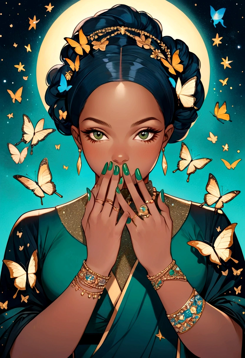 a drawing of a pair of hands with green fingernails and gold rings on them, surrounded by butterflies and stars, Chinwe Chukwuogo-Roy, feminist art, detailed illustration, digital art