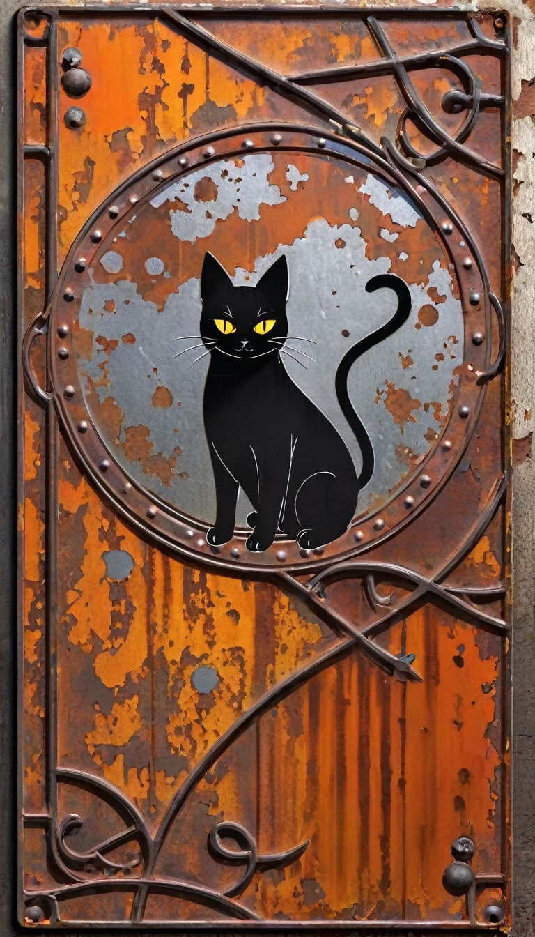 decorative metal sheet, rusty, satanic cat