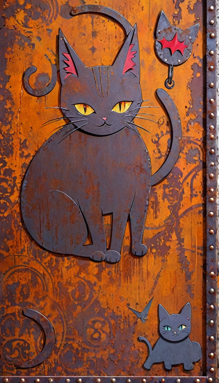 decorative metal sheet, rusty, satanic cat
